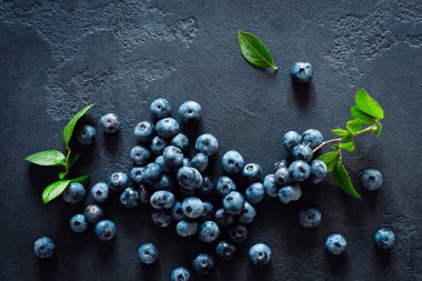 Siyah arka planda yaprakları ile yaban mersini, üst görünüm