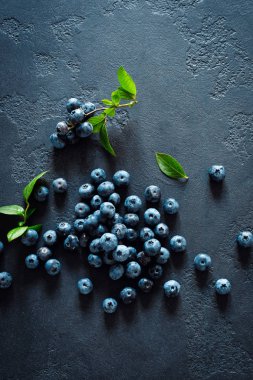Siyah arka planda yaprakları ile yaban mersini, üst görünüm