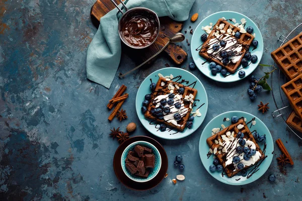 Chocolate Belgian Waffles Ice Cream Fresh Blueberry Blue Background Top — Stock Photo, Image