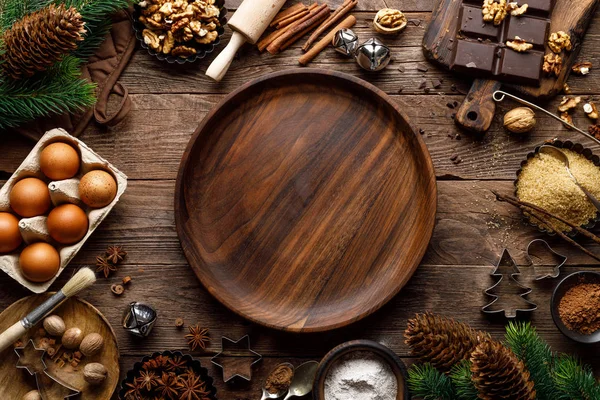 Navidad Año Nuevo Fondo Culinario Rústico Madera Con Ingredientes Alimentarios — Foto de Stock