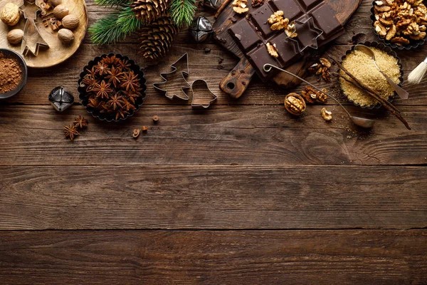 Weihnachten Oder Neujahr Kulinarischen Rustikalen Holzhintergrund Mit Lebensmittelzutaten Zum Kochen — Stockfoto