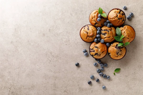 Blåbärsmuffins Med Färska Bär Topputsikt — Stockfoto