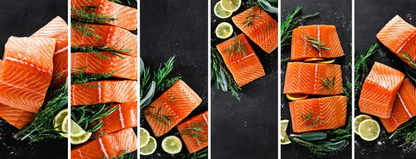 Salmon. Fresh raw salmon fish fillet collage, banner with cooking ingredients, herbs and lemon on black background, top view. Seafood