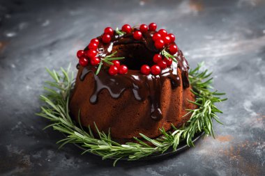 Taze çilek ve biberiye ile dekore sır ile Noel çikolata bundt kek. Xmas veya Yeni Yıl koyu arka plan süslemeleri ile Kış pişirme