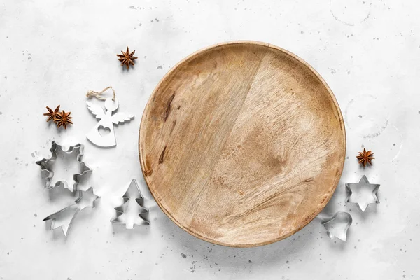 Kerstmis Noel Nieuwjaar Food Platte Lay Achtergrond Met Xmas Decoraties — Stockfoto