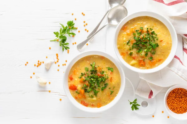 Vegetarian Vegetable Lentil Soup Fresh Parsley Healthy Eating Top View — Stock Photo, Image
