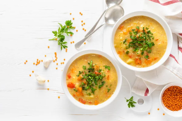 Sopa Vegetariana Lentejas Vegetales Con Perejil Fresco Alimentación Saludable Vista — Foto de Stock