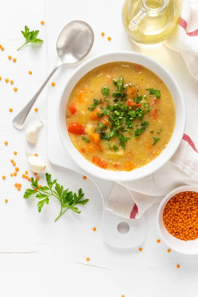 Sopa Lentilha Vegetal Vegetariana Com Salsa Fresca Alimentação Saudável Vista — Fotografia de Stock