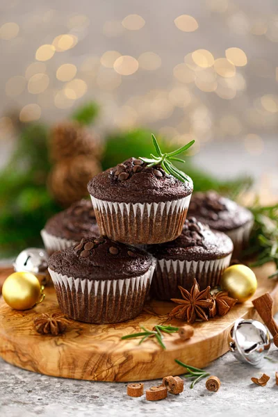 Muffins Navidad Chocolate Navidad Noel Hornear Festivo Con Decoraciones Abeto — Foto de Stock