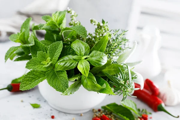 Bunch Aromatic Herbs Mortar Kitchen Table — Stock Photo, Image