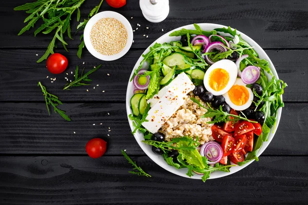 Greek Style Healthy Breakfast Bowl Oatmeal Porridge Fresh Vegetable Salad — Stock Photo, Image