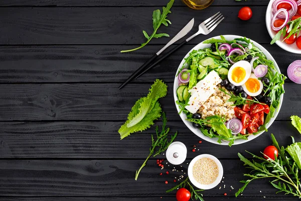 Tigela Pequeno Almoço Saudável Estilo Grego Com Mingau Aveia Salada — Fotografia de Stock