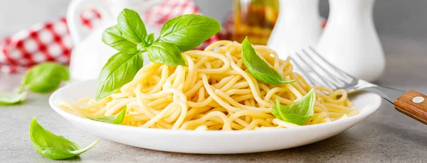 Pasta Traditional Italian Food Vermicelli Fresh Basil Banner — Stock Photo, Image