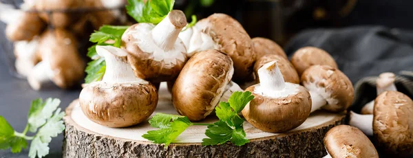 Champiñones Crudos Sobre Fondo Negro Cocinando Champiñones Frescos Banne — Foto de Stock