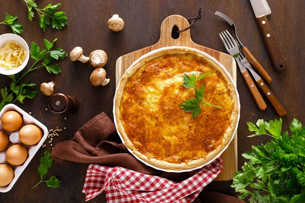 Quiche Lorraine Homemade Savoury Pie Tart Chicken Meat Fried Mushrooms — Stock Photo, Image