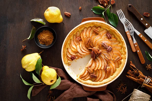 Tarta Pera Tarta Tarta Con Peras Frescas Canela Nueces Pacana — Foto de Stock