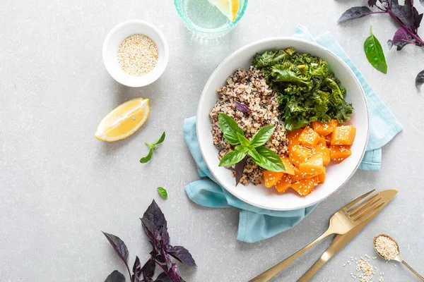 Cuenco Almuerzo Saludable Vegano Con Quinua Col Rizada Salteada Calabaza — Foto de Stock