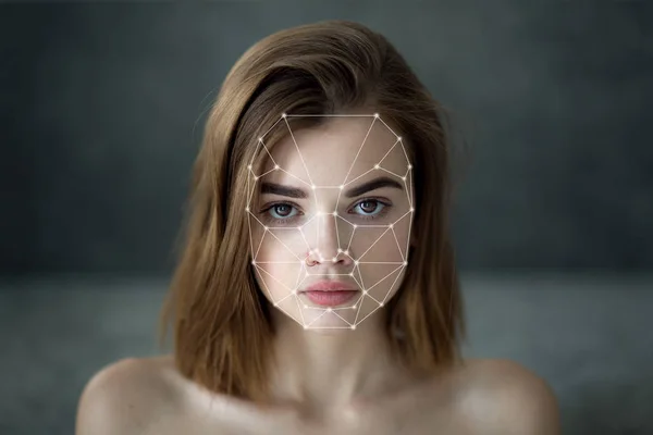Detecção Biométrica Rosto Retrato Uma Menina Muito Bonita Imagens Royalty-Free