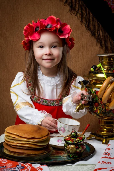 Pancake Week Spring Holiday Portrait Girl National Costume Stock Photo
