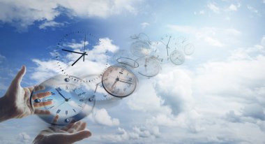 Hands and clocks in sky clipart