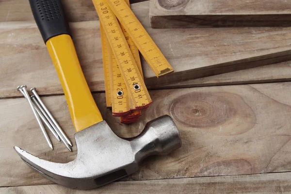 Hammer Nails Folding Ruler Wood — Stock Photo, Image