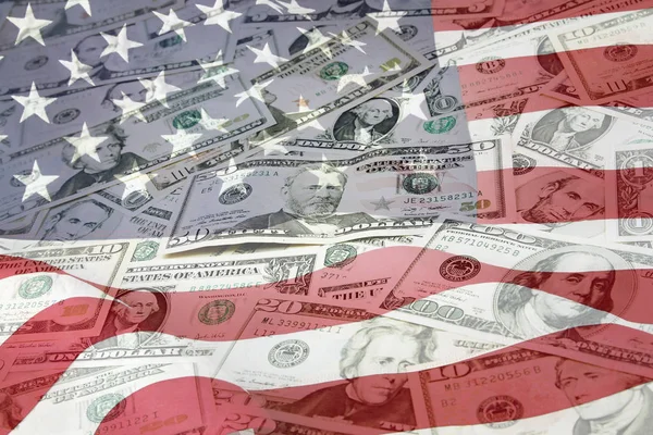Americká Vlajka Různé Americké Bankovky — Stock fotografie