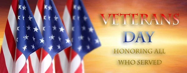Tres Banderas Americanas Cielo Día Los Veteranos — Foto de Stock