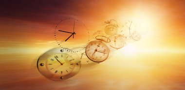 Clocks in bright sky. Time flies clipart