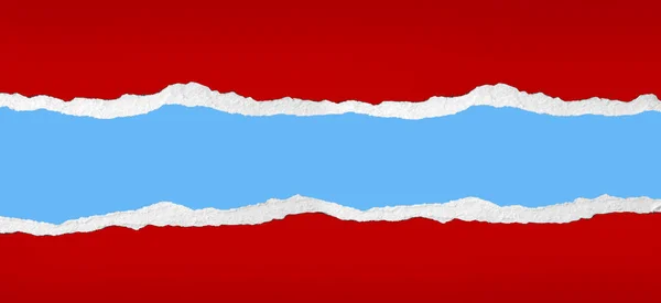 Loch Rotem Papier Auf Blauem Hintergrund Gerissen Kopierraum — Stockfoto
