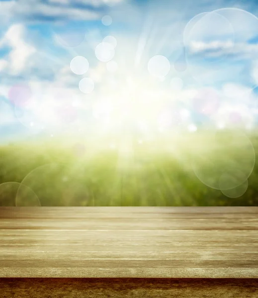 Empty Table Top Front Blurred Spring Scene — Stock Photo, Image