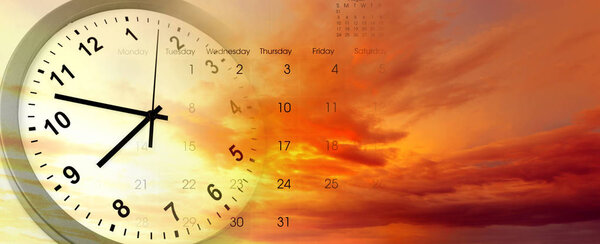 Clock and calendar in bright sky. Time passing