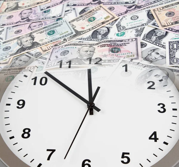 Clock Assorted American Banknotes Time Money Idea — Stock Photo, Image