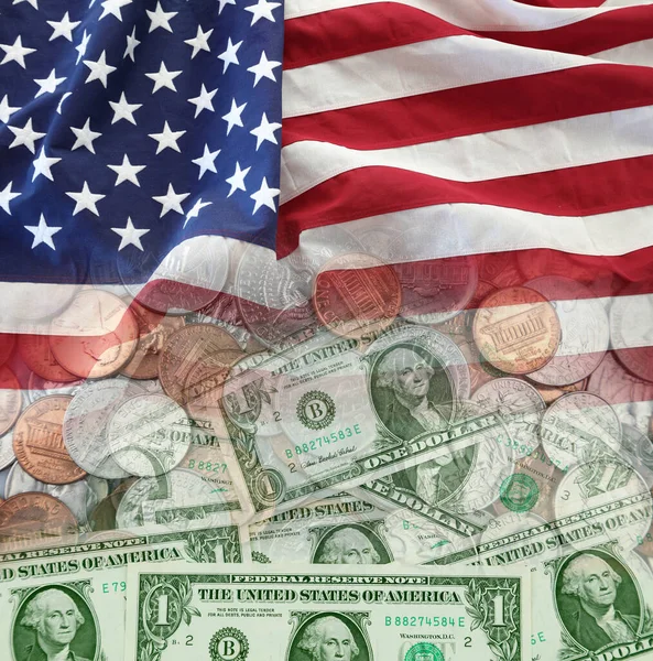 Σημαία Αμερικής Διάφορα Κέρματα Και Τραπεζογραμμάτια — Φωτογραφία Αρχείου