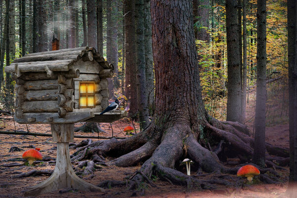 Хижина на куриных ножках стоит в сказочном волшебном лесу. A witch 's dwelling with a glowing window and smoke from a chimney in a forest thicket.Collage, selective focus