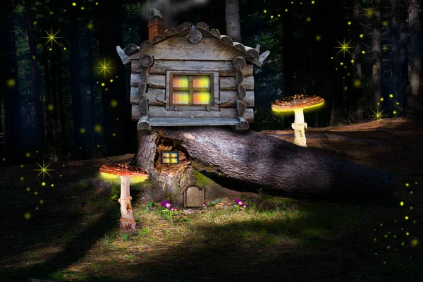 Magic, a fantastic pine forest with pine trees and giant mushrooms and toadstools . A fairy-tale wooden house with glowing Windows on the trunk of an old fallen tree for dwarves with a roof, a hut for a forest witch, Baba Yaga .