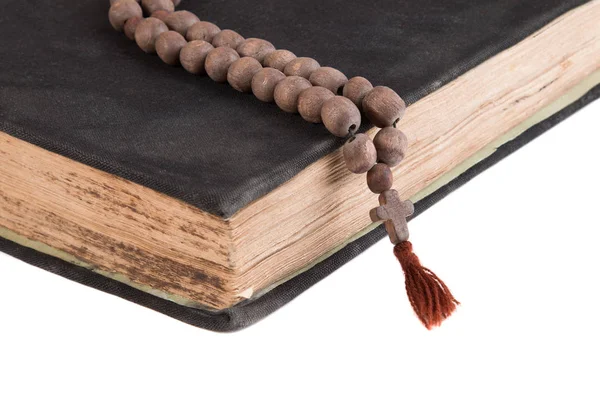 Bible White Background Sacred Book Wooden Rosary — Stock Photo, Image