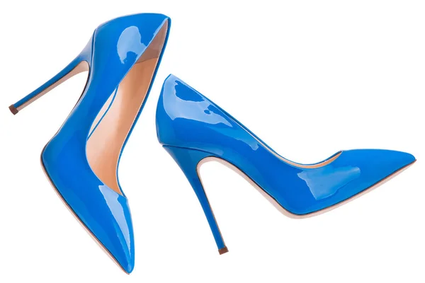 Γυναικεία Παπούτσια Μπλε Λουστρίνι Λευκό Φόντο Παπούτσια Ψηλά Τακούνια — Φωτογραφία Αρχείου