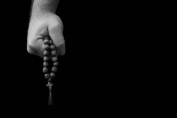 Wooden Rosary Man Hand Black Background — Stock Photo, Image