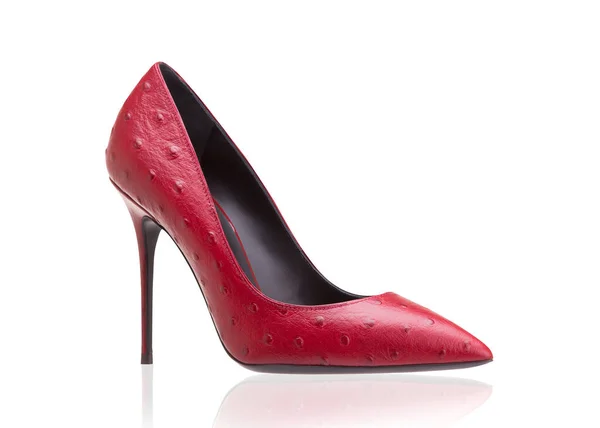 Red women shoes made of ostrich leather. — Stock Photo, Image
