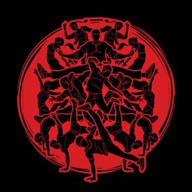 Bir grup insan, sokak dansı Aksiyon, birlikte güneş ışığı arka plan grafik vektör tasarlanmış dans dans