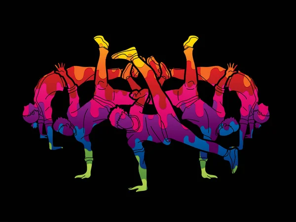Bir Grup Insan Sokak Dansı Aksiyon Birlikte Renkli Grafik Vektör — Stok Vektör