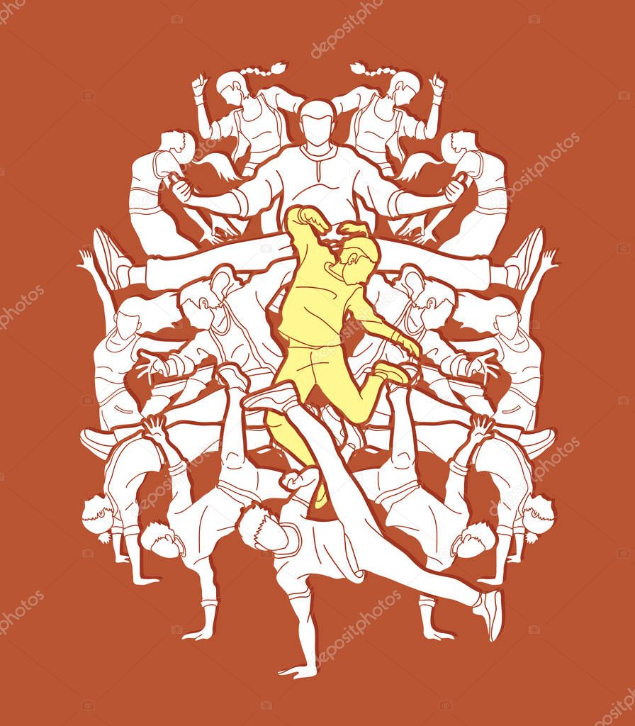 Group of people dancing, Street dance action, Dance together graphic vector