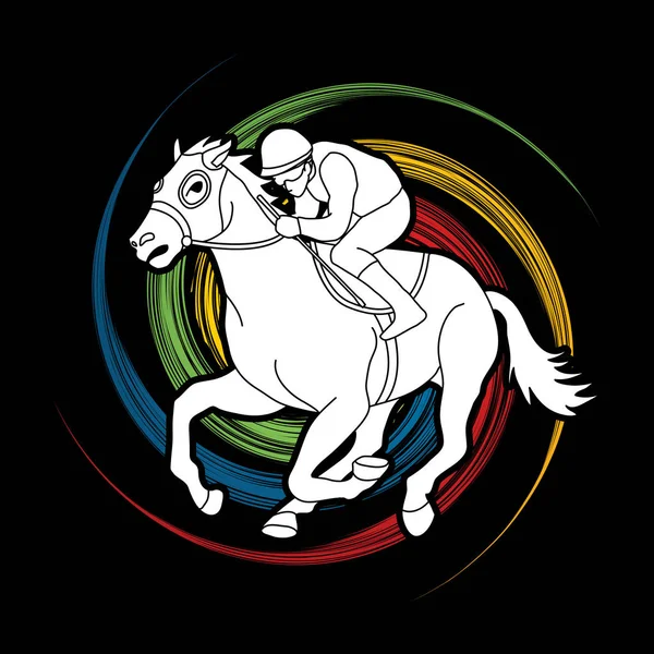 スピン ホイール バック グラウンド グラフィック ベクトルに設計された騎手と馬 — ストックベクタ