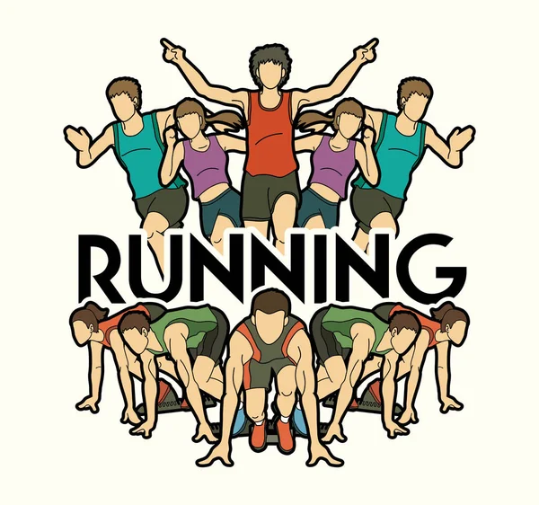 Grupo Personas Corriendo Con Texto Corriendo Marathon Runners Vector Gráfico — Vector de stock