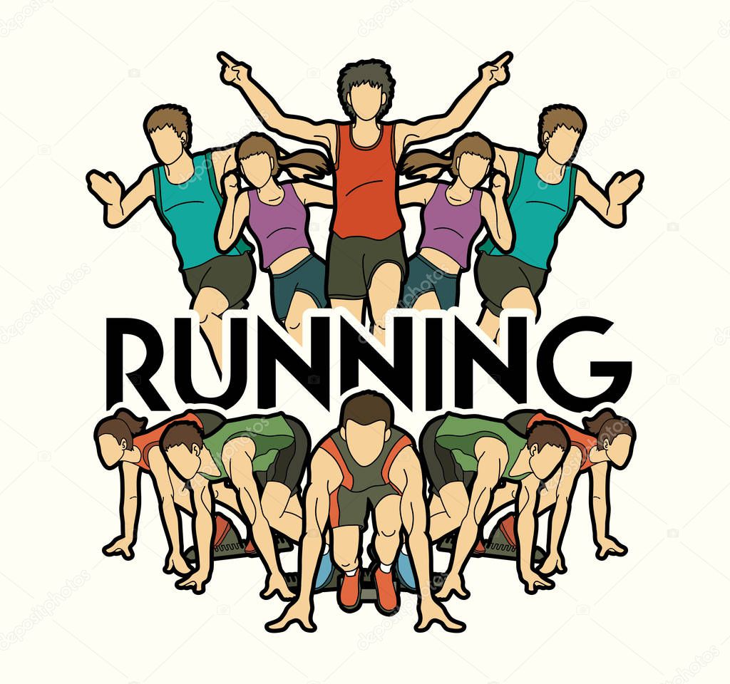 Group of people running with text running Marathon runners graphic vector
