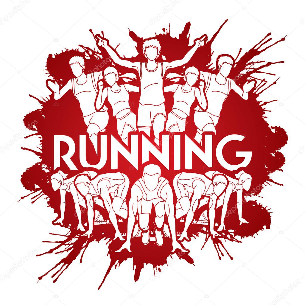Group of people running with text running Marathon designed on splatter blood runners graphic vector