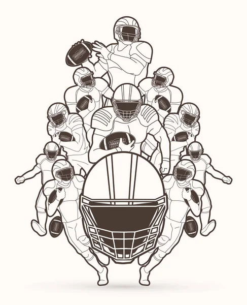 Groupe Footballeur Américain Sportsman Action Concept Sportif Contour Vecteur Graphique — Image vectorielle