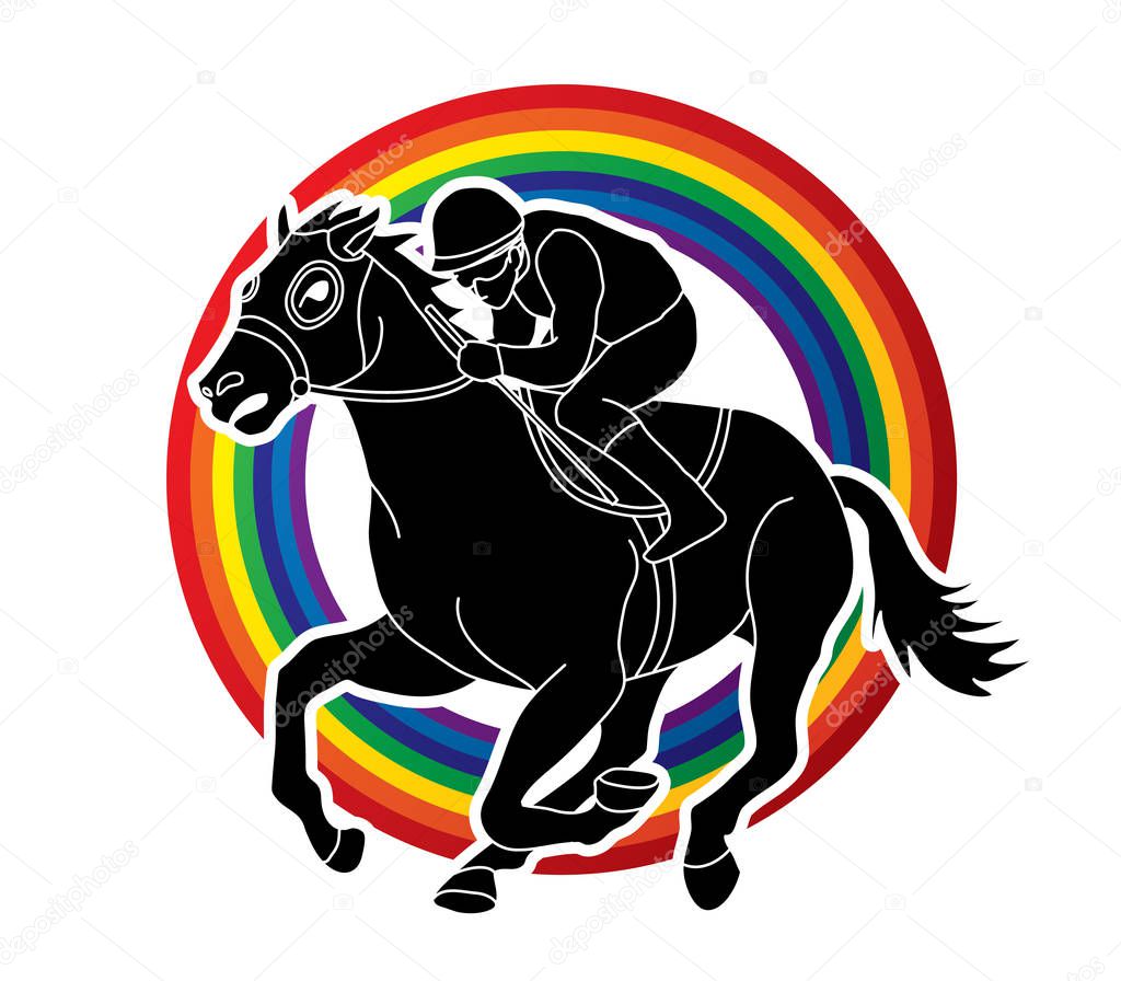 Jockey riding horse, hose racing designed on line rainbows background graphic vector.
