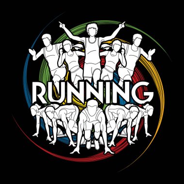 Koş, insanlar Runner, maraton koşma, koşma, Grup çalışan metin ile çalışan insan spin tekerlek arka plan grafik vektör üzerinde tasarlanmış takım çalışması. 