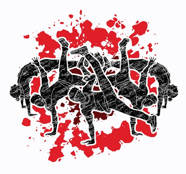 Bir grup insan dans, sokak dansı Aksiyon, dans birlikte sıçramak mürekkep arka plan grafik vektör üzerinde tasarlanmış